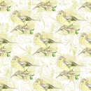 White Hydrangeas Birds on Yellow Leaves Fabric - ineedfabric.com