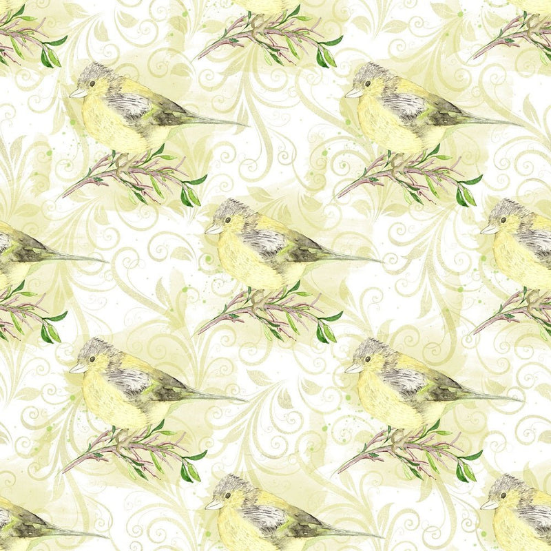 White Hydrangeas Birds on Yellow Leaves Fabric - ineedfabric.com