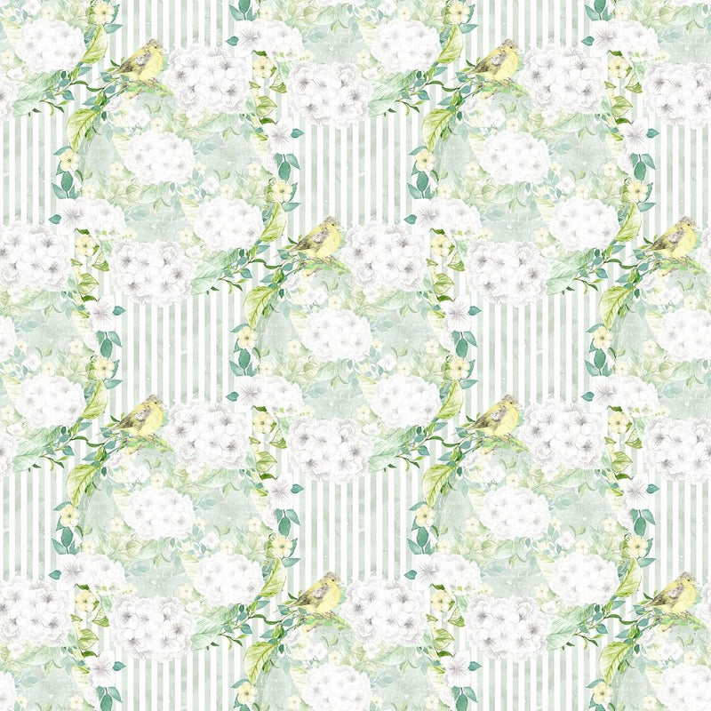 White Hydrangeas Birds Striped Fabric - ineedfabric.com