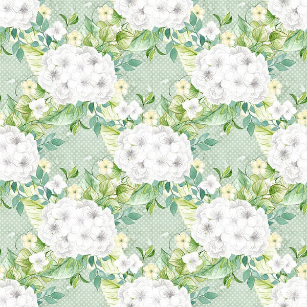 White Hydrangeas Bouquets on Green Dots Fabric - ineedfabric.com