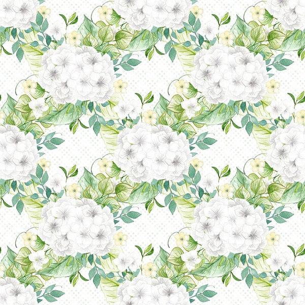 White Hydrangeas Bouquets on White Dots Fabric - ineedfabric.com