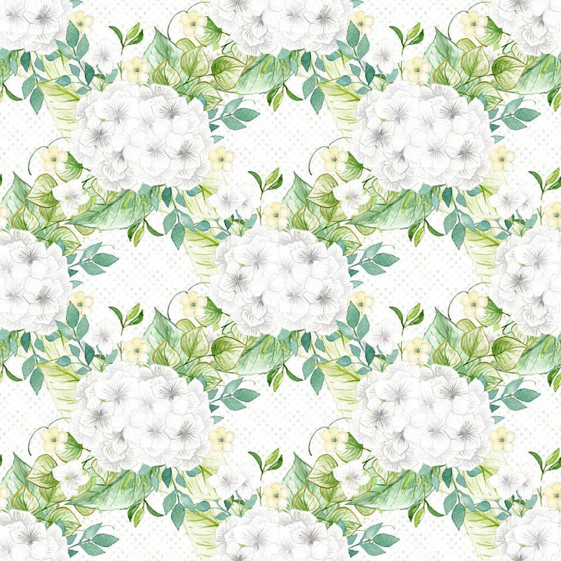 White Hydrangeas Bouquets on White Dots Fabric - ineedfabric.com