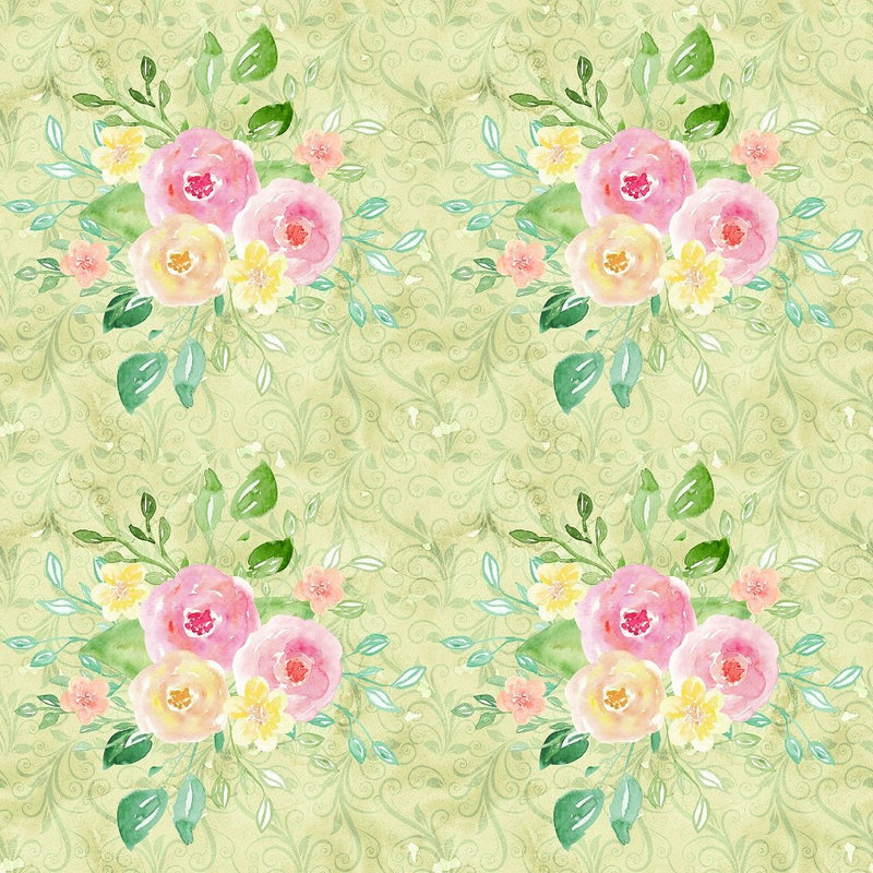 Wild Flower Bouquet on Swirl Fabric - Green - ineedfabric.com