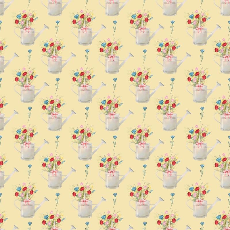 Wild Flowers in Watering Pot Fabric - Yellow - ineedfabric.com