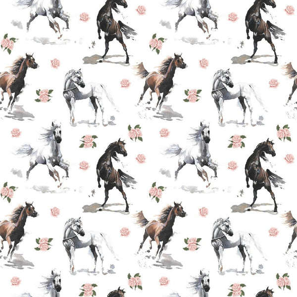 Wild Horses with Pink Roses Fabric - ineedfabric.com