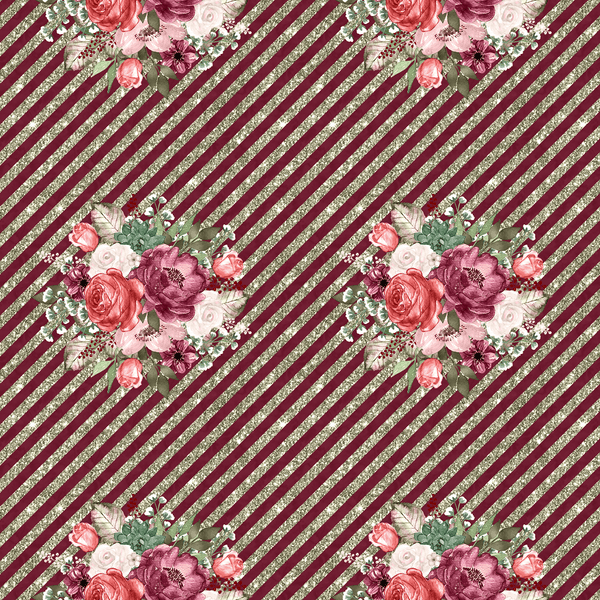 Wildflower Bouquets & Diagonal Stripes Fabric - Burgundy - ineedfabric.com