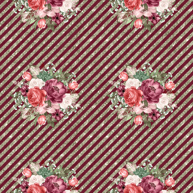 Wildflower Bouquets & Diagonal Stripes Fabric - Burgundy - ineedfabric.com