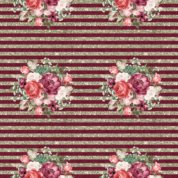 Wildflower Bouquets & Stripes Fabric - Burgundy - ineedfabric.com