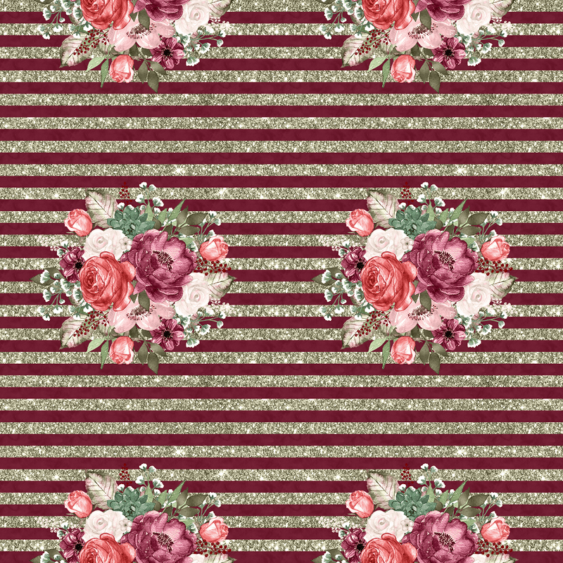 Wildflower Bouquets & Stripes Fabric - Burgundy - ineedfabric.com