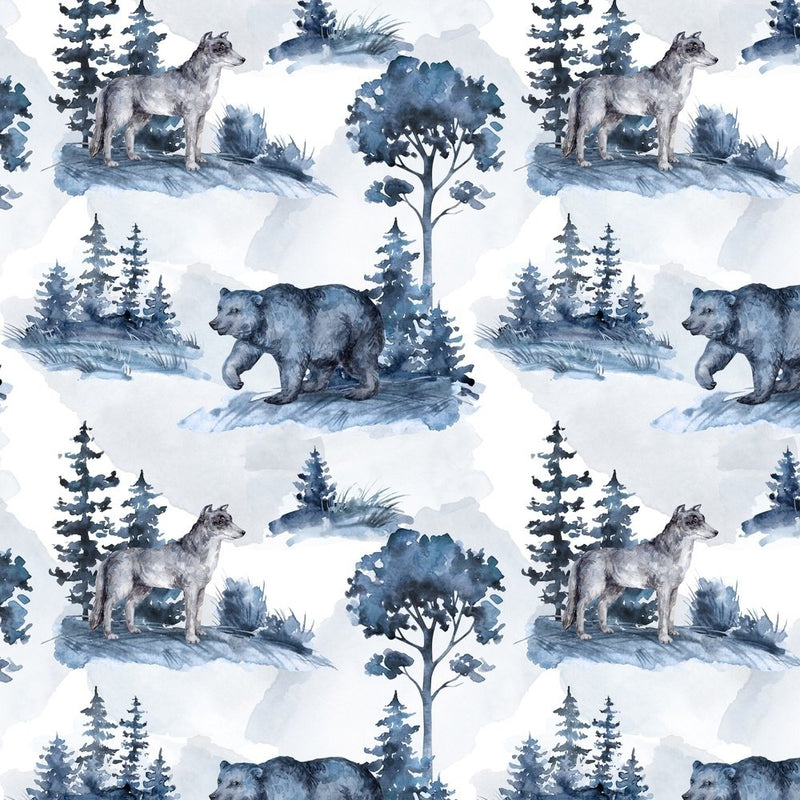 Wildlife Bear & Wolf Watercolor Fabric - Blue - ineedfabric.com