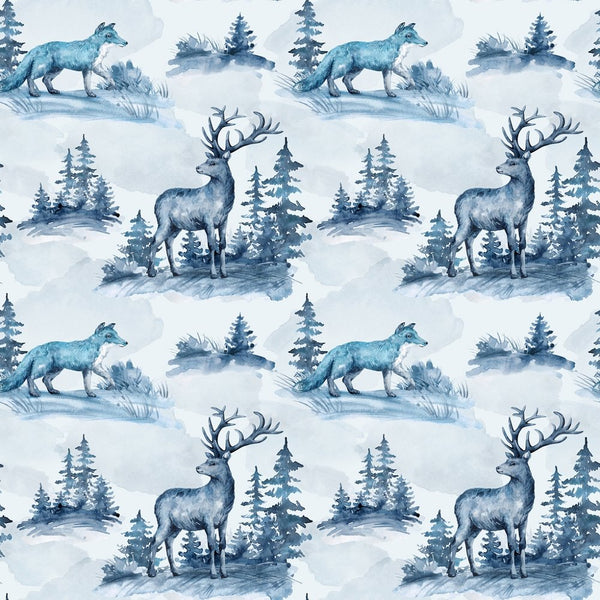 Wildlife Deer & Fox Watercolor Fabric - Blue - ineedfabric.com