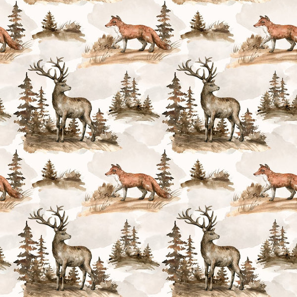 Wildlife Deer & Fox Watercolor Fabric - Brown - ineedfabric.com