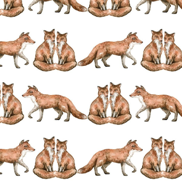 Wildlife Sitting Foxes Watercolor Fabric - White - ineedfabric.com