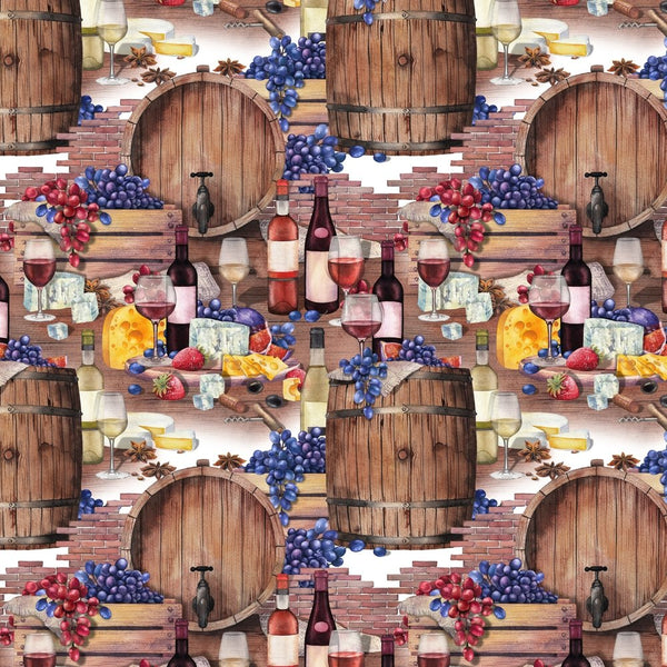 Wine Barrels, Grapes, & Cheese Fabric - Red - ineedfabric.com