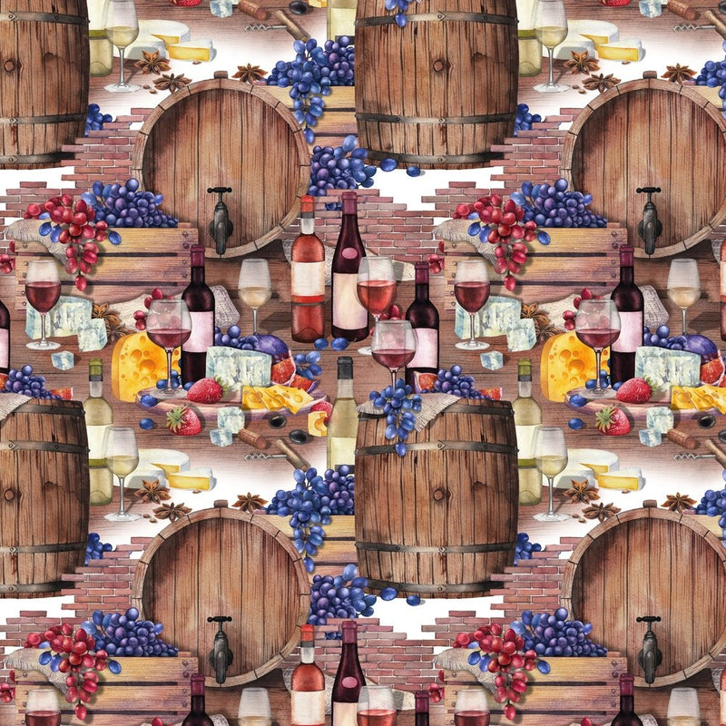 Wine Barrels, Grapes, & Cheese Fabric - Red - ineedfabric.com