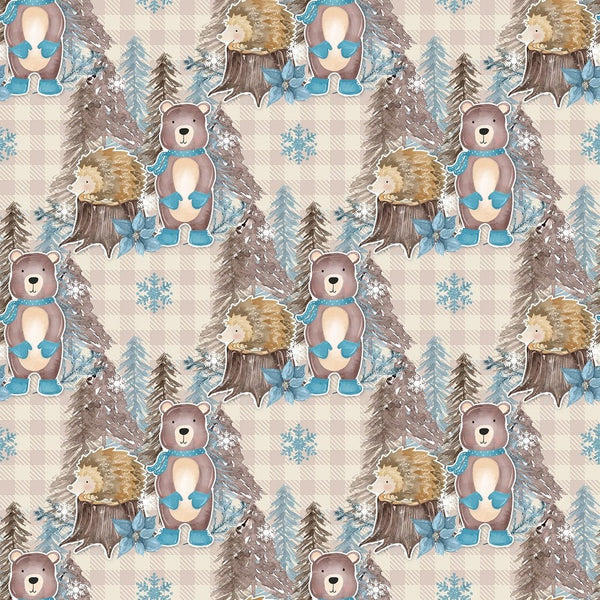 Winter Animals on Plaid Fabric - Tan - ineedfabric.com