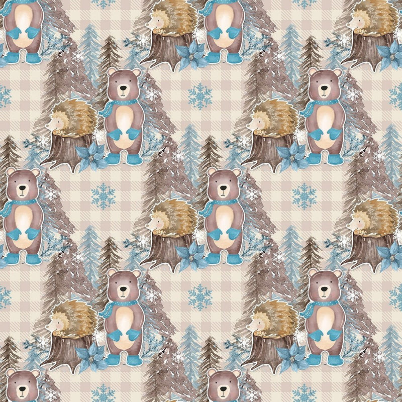 Winter Animals on Plaid Fabric - Tan - ineedfabric.com