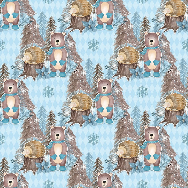 Winter Animals Scene on Checkered Fabric - Blue - ineedfabric.com