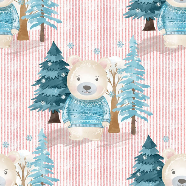 Winter Bear Pink Stripes Fabric - ineedfabric.com