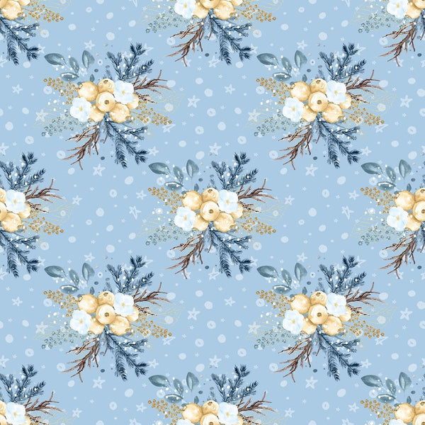 Winter Berries & Snowflakes Fabric - Blue - ineedfabric.com