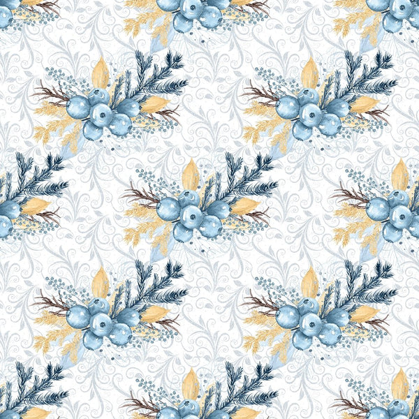 Winter Berry & Filigree Fabric - Blue - ineedfabric.com