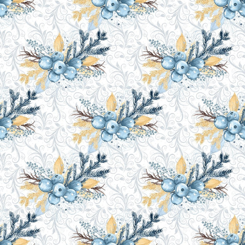 Winter Berry & Filigree Fabric - Blue - ineedfabric.com