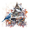 Winter Birdhouse Blue Jay 2 Fabric Panel - ineedfabric.com