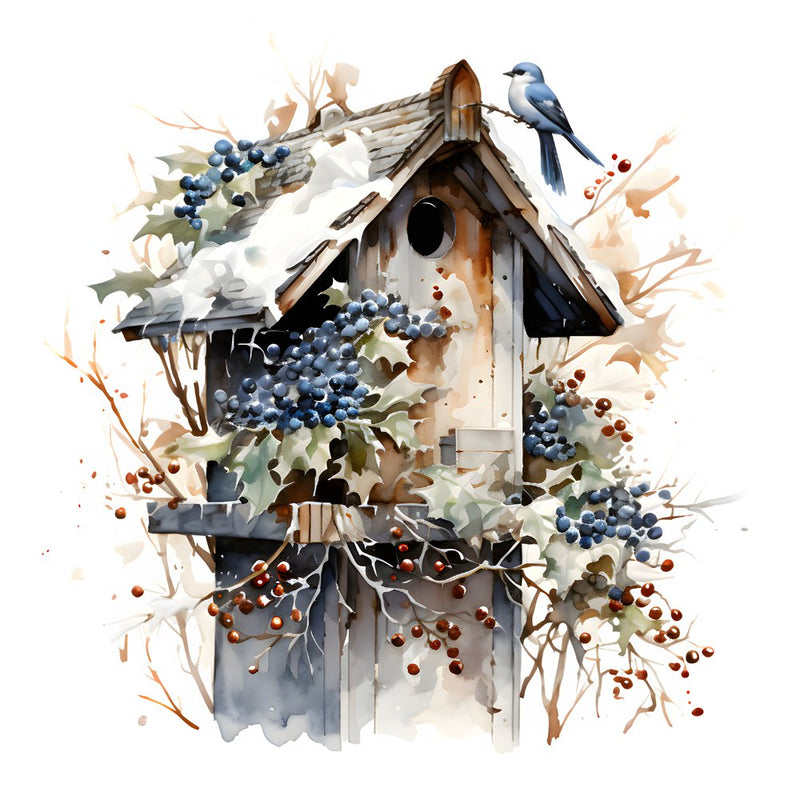 Winter Birdhouse Blue Jay 4 Fabric Panel - ineedfabric.com