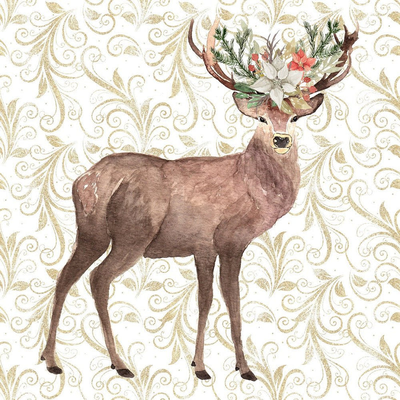 Winter Dreams Floral Deer Fabric Panel - White - ineedfabric.com