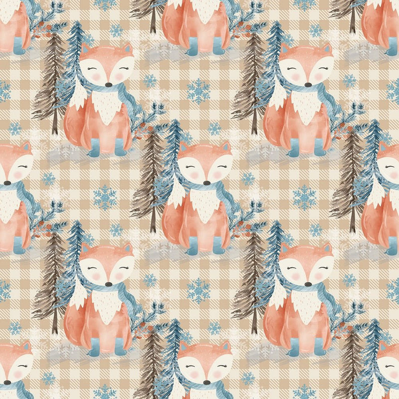 Winter Fox on Plaid Fabric - Tan - ineedfabric.com