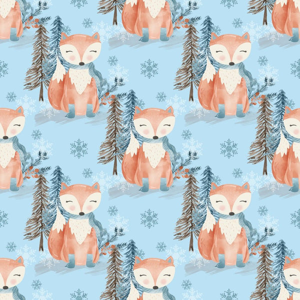 Winter Fox with Snowflakes Fabric - Blue - ineedfabric.com
