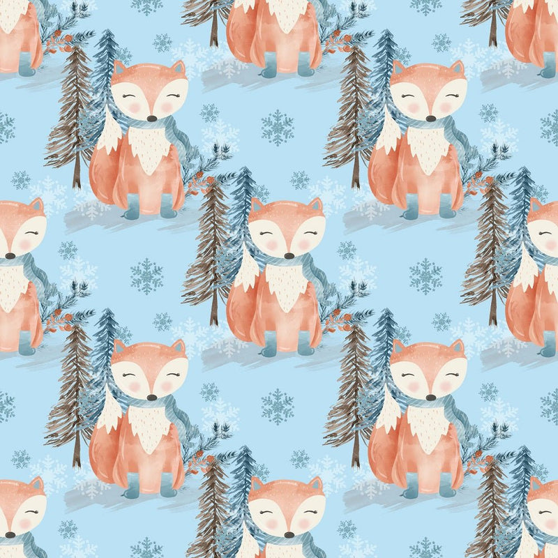 Winter Fox with Snowflakes Fabric - Blue - ineedfabric.com