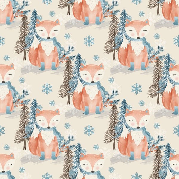 Winter Fox with Snowflakes Fabric - Tan - ineedfabric.com