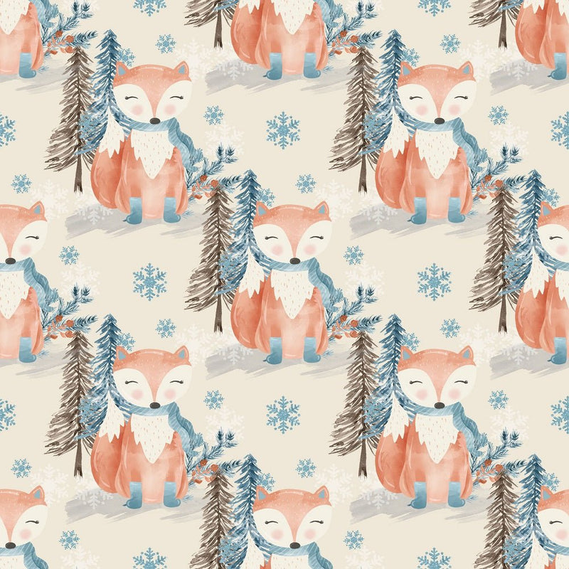 Winter Fox with Snowflakes Fabric - Tan - ineedfabric.com