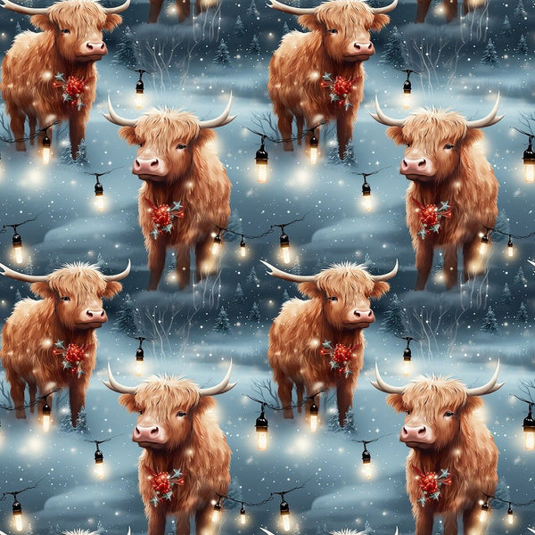 Winter Highland Cows Fabric - ineedfabric.com