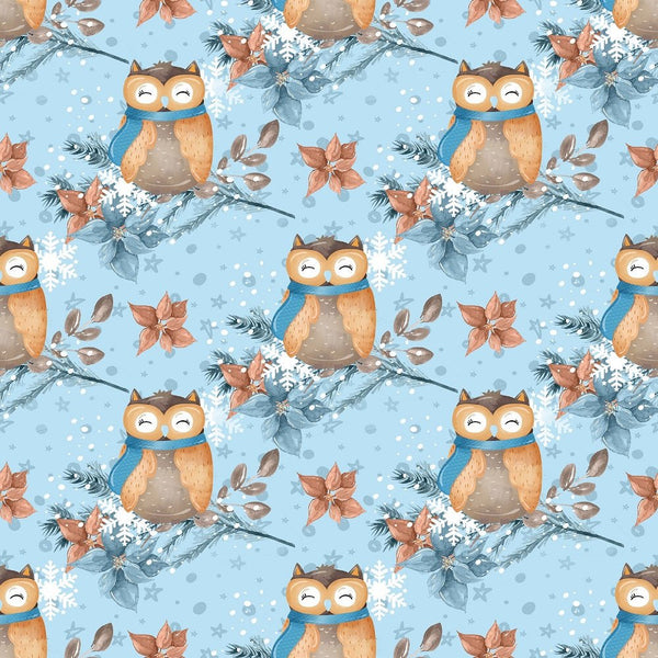 Winter Owl on Branch Fabric - Blue - ineedfabric.com