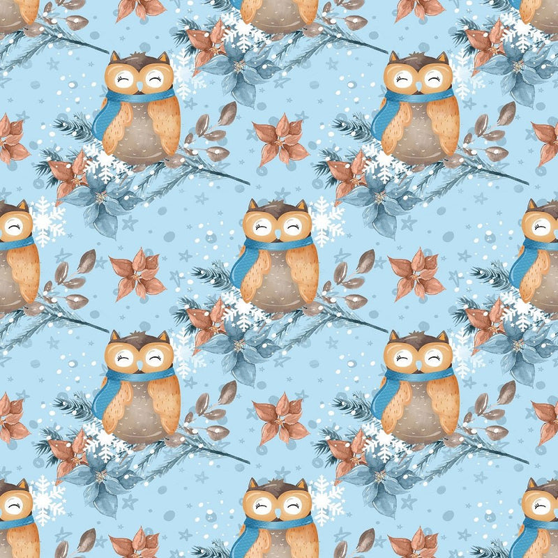 Winter Owl on Branch Fabric - Blue - ineedfabric.com