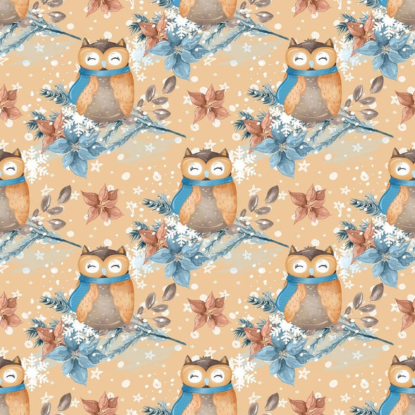 Winter Owl on Branch Fabric - Brown - ineedfabric.com