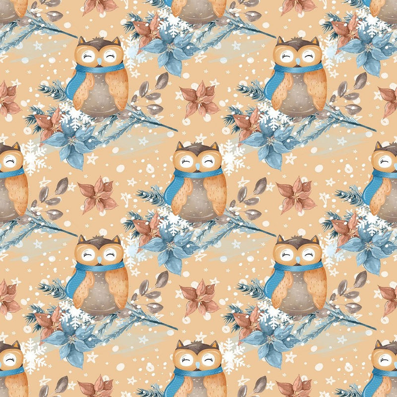 Winter Owl on Branch Fabric - Brown - ineedfabric.com