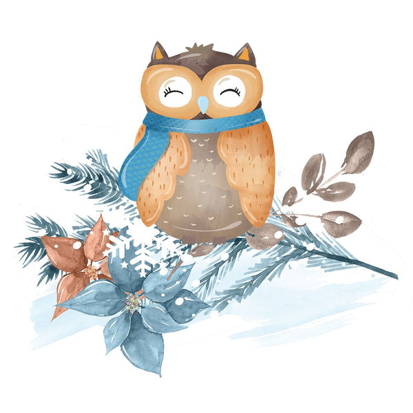 Winter Owl on Branch Fabric Panel - ineedfabric.com