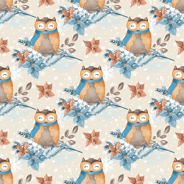 Winter Owl on Branch Fabric - Tan - ineedfabric.com