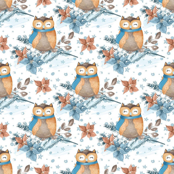 Winter Owl on Branch Fabric - White - ineedfabric.com