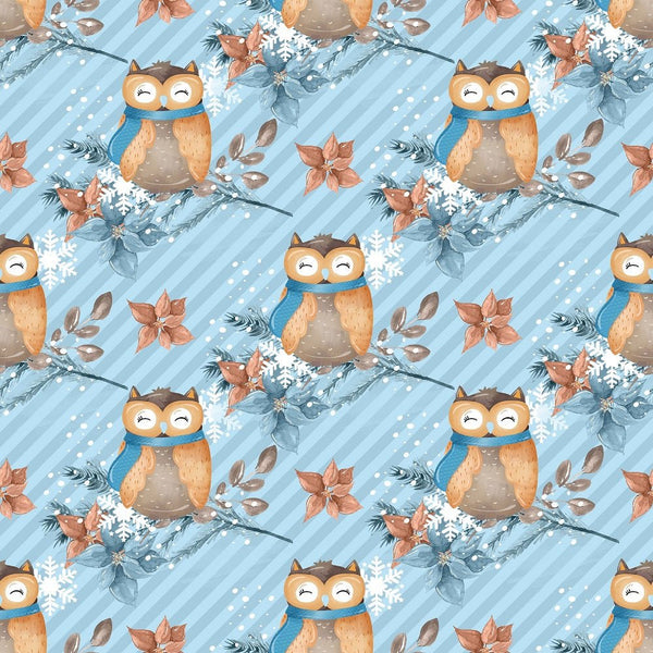 Winter Owl on Stripes Fabric - Blue - ineedfabric.com