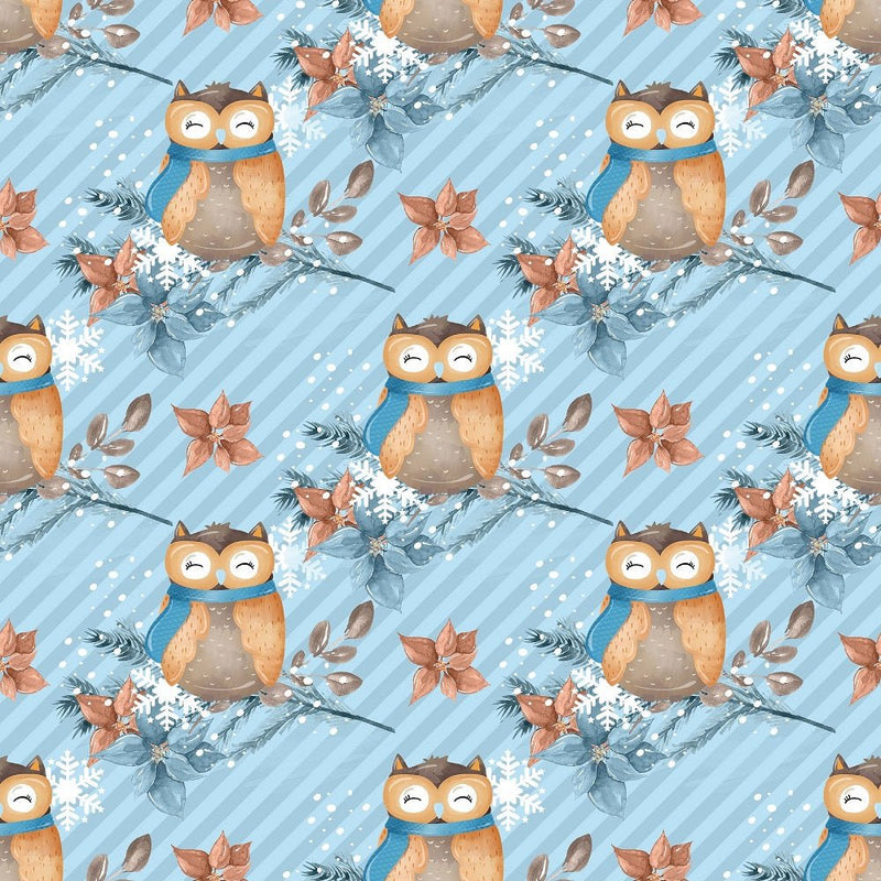 Winter Owl on Stripes Fabric - Blue - ineedfabric.com