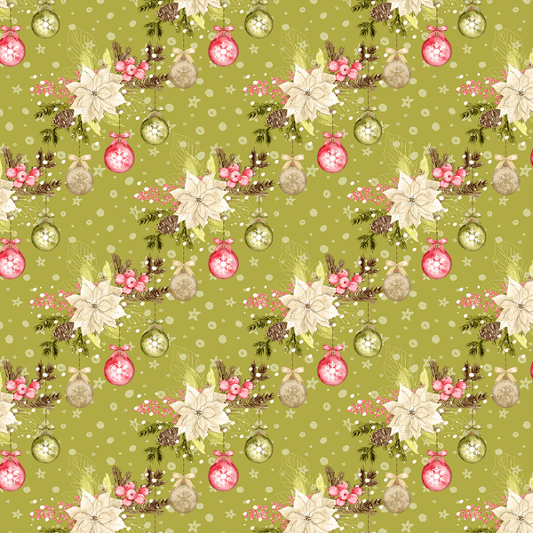 Winter Poinsettias & Ornaments Fabric - Green - ineedfabric.com