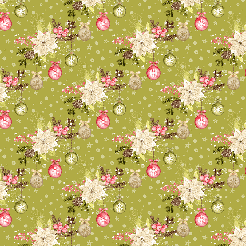 Winter Poinsettias & Ornaments Fabric - Green - ineedfabric.com