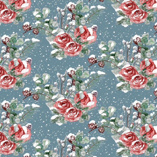 Winter Roses Fabric - Gray/Blue - ineedfabric.com